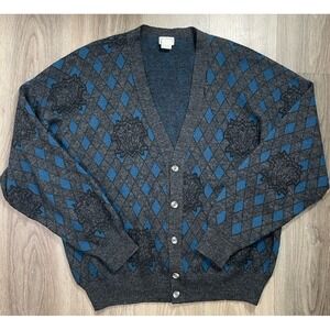 Vintage‎ Florence Tricot Cardigan 90s Italian Gray Blue Grunge Argyle Sweater XL